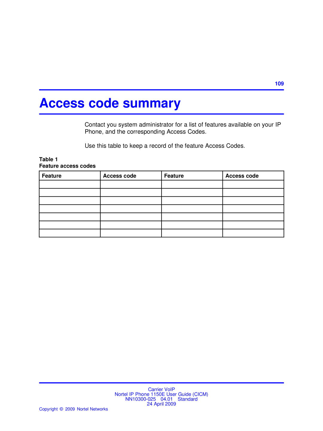 Nortel Networks NN10300-025 manual Access code summary, Feature access codes Access code 