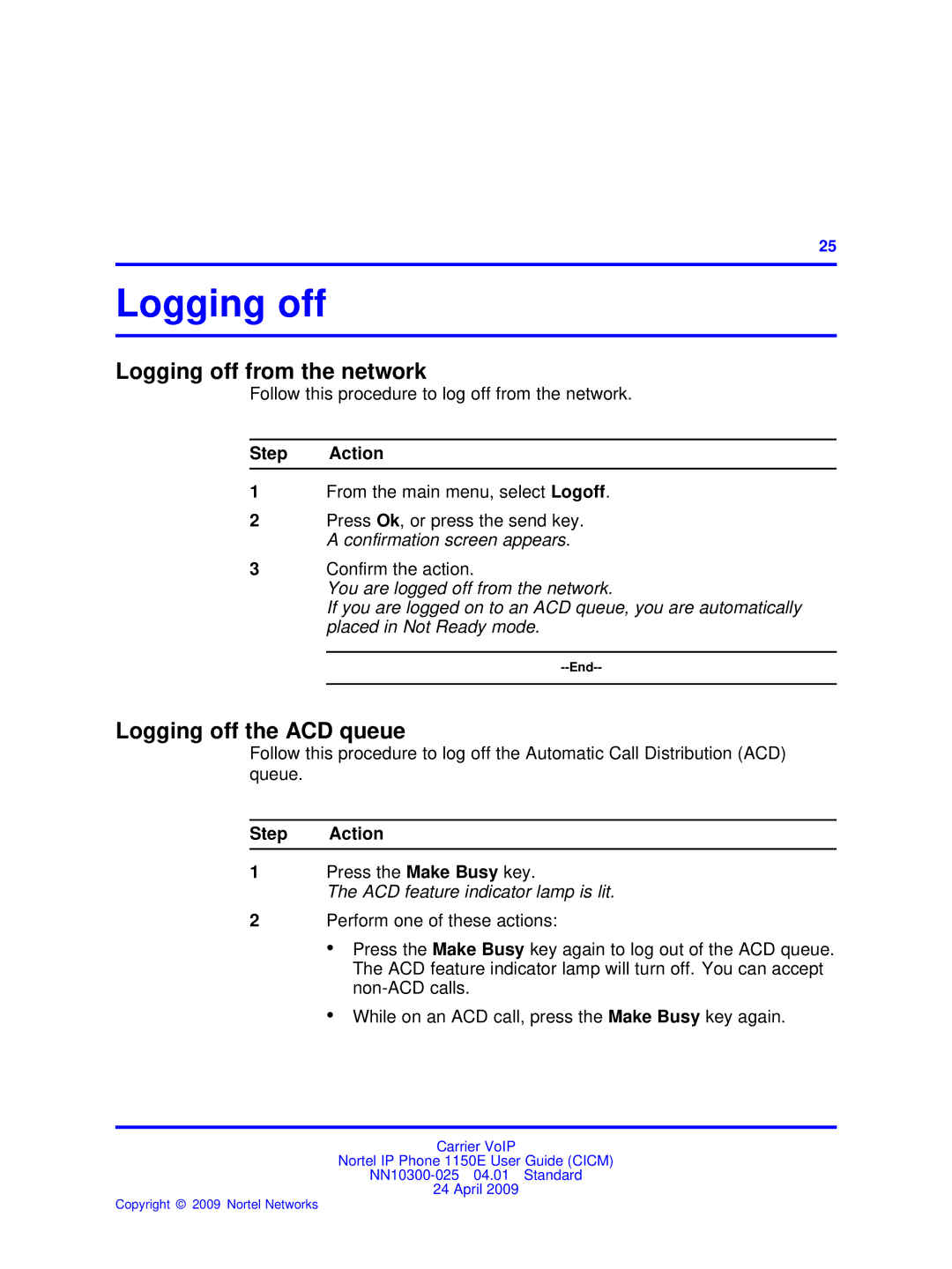 Nortel Networks NN10300-025 Logging off from the network, Logging off the ACD queue, ACD feature indicator lamp is lit 