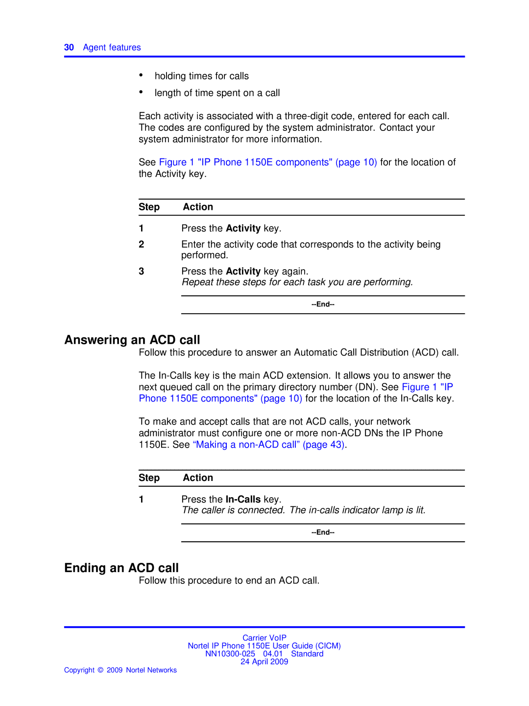 Nortel Networks NN10300-025 Answering an ACD call, Ending an ACD call, Repeat these steps for each task you are performing 