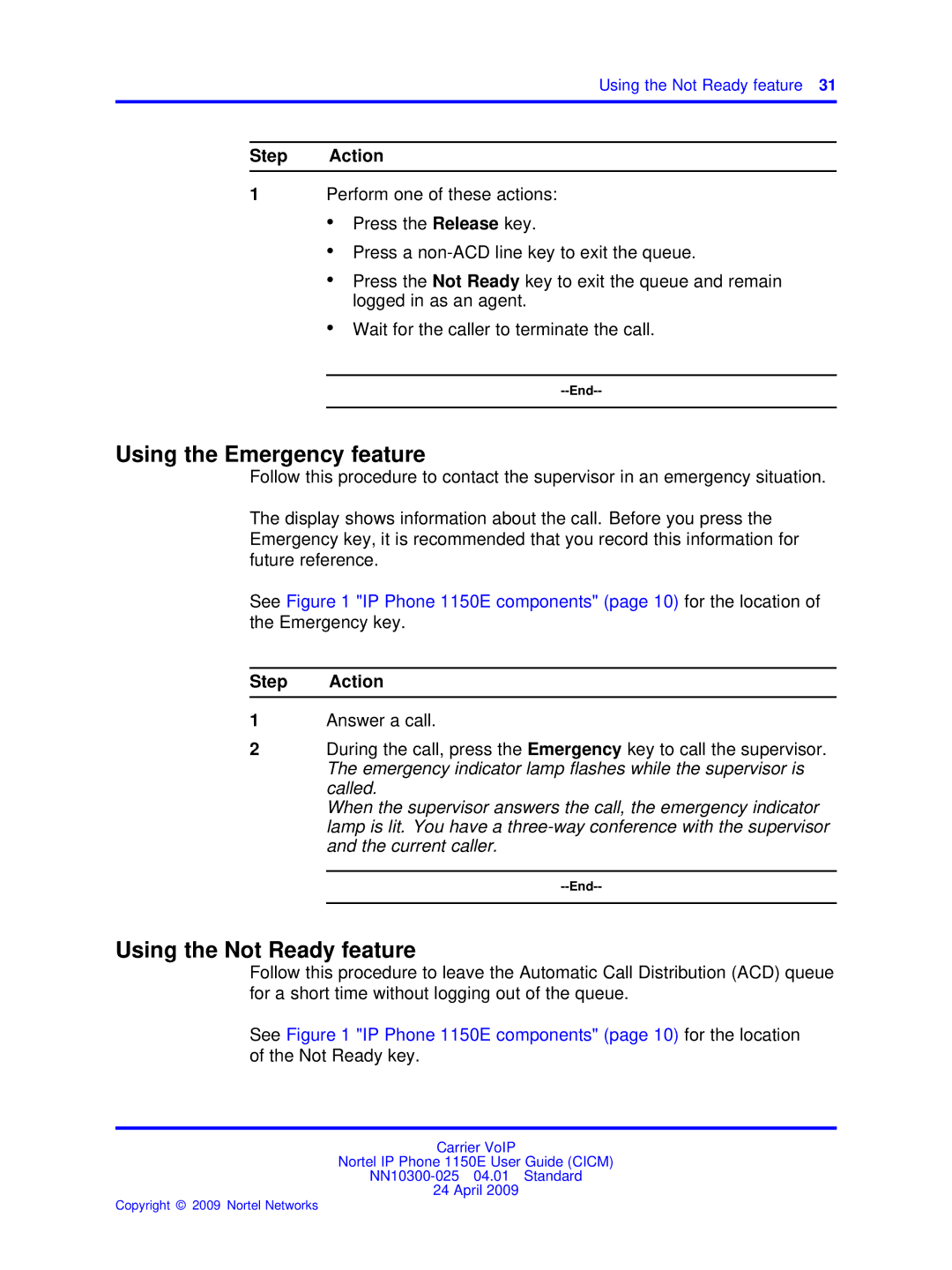 Nortel Networks NN10300-025 manual Using the Emergency feature, Using the Not Ready feature 