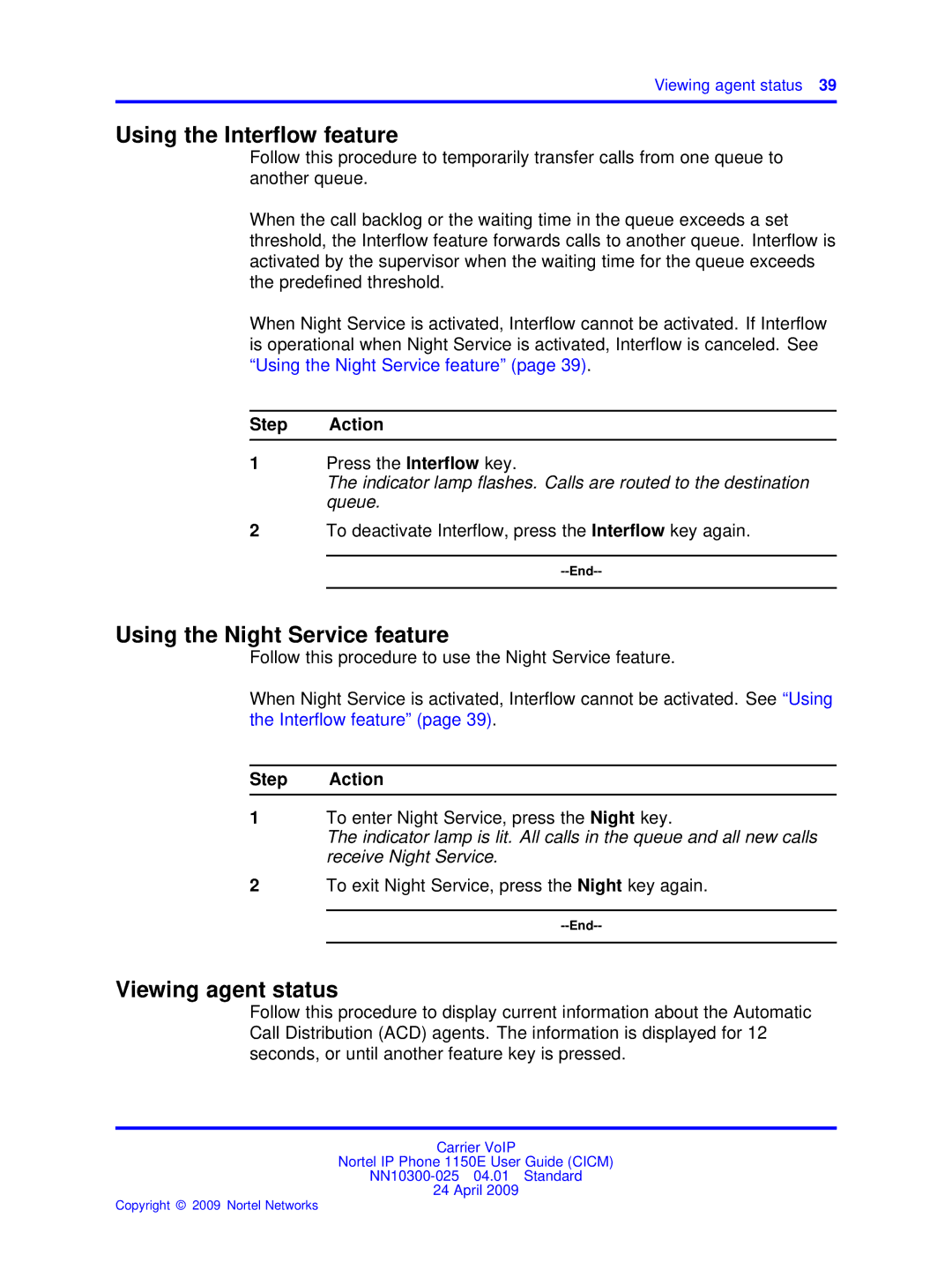 Nortel Networks NN10300-025 manual Using the Interﬂow feature, Using the Night Service feature, Viewing agent status 