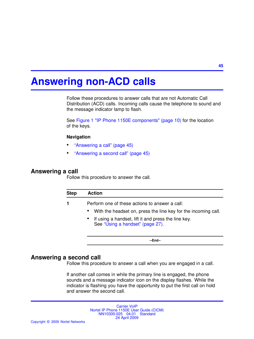 Nortel Networks NN10300-025 manual Answering non-ACD calls, Answering a call, Answering a second call 