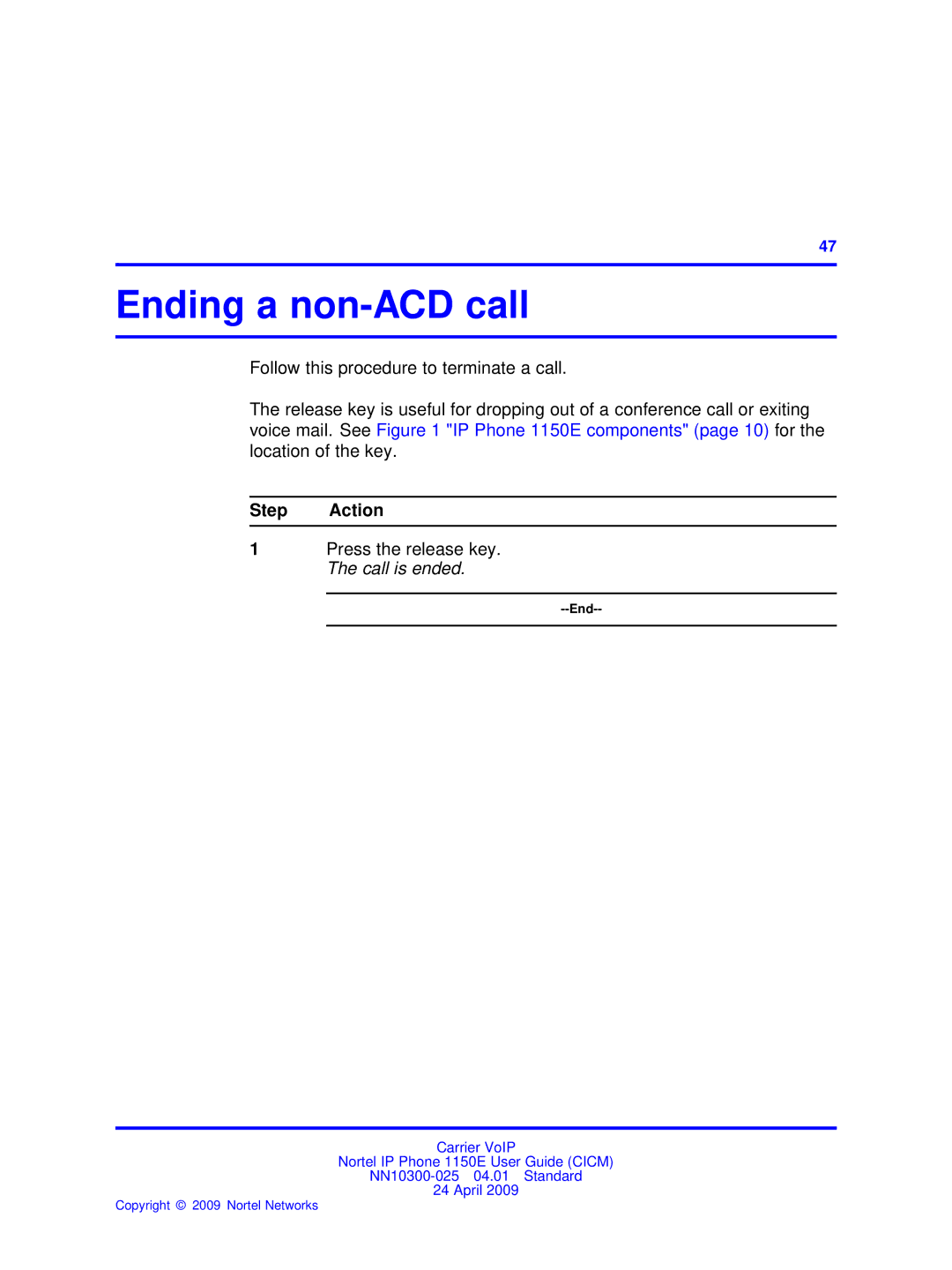 Nortel Networks NN10300-025 manual Ending a non-ACD call, Press the release key. The call is ended 