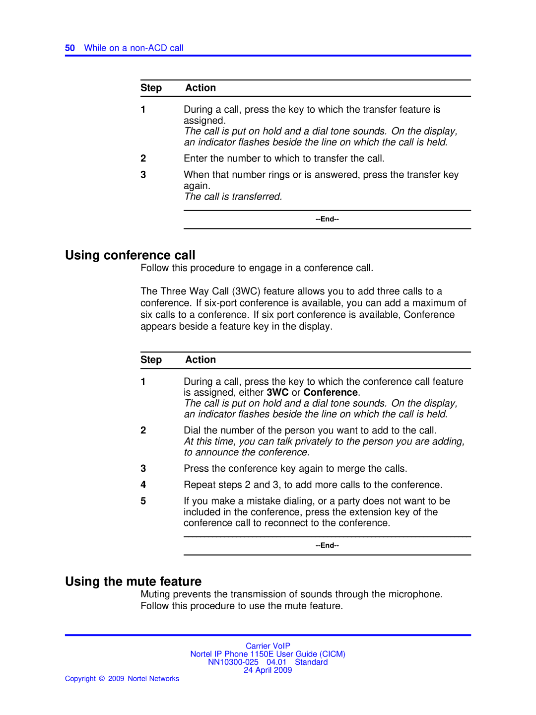 Nortel Networks NN10300-025 Using conference call, Using the mute feature, Call is transferred, While on a non-ACD call 