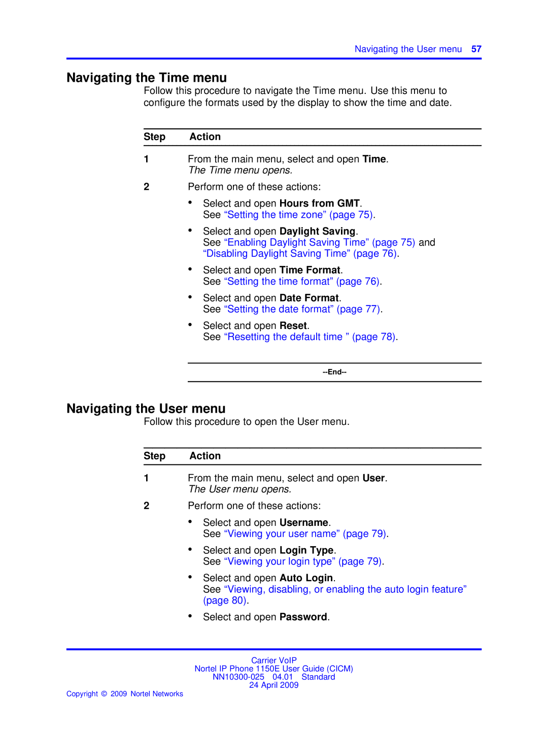 Nortel Networks NN10300-025 manual Navigating the Time menu, Navigating the User menu 