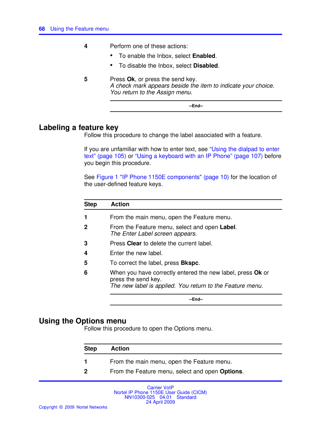 Nortel Networks NN10300-025 Labeling a feature key, Using the Options menu, Follow this procedure to open the Options menu 