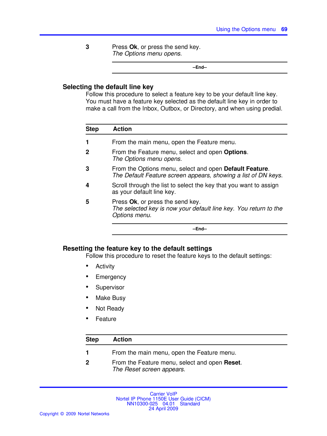 Nortel Networks NN10300-025 manual Selecting the default line key, Press Ok, or press the send key. The Options menu opens 