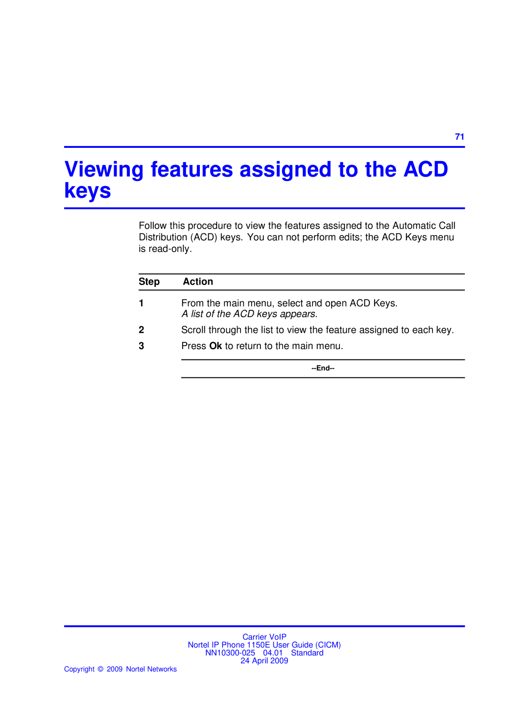 Nortel Networks NN10300-025 manual Viewing features assigned to the ACD keys 