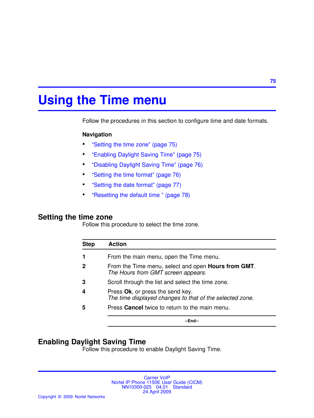 Nortel Networks NN10300-025 manual Using the Time menu, Setting the time zone, Enabling Daylight Saving Time 