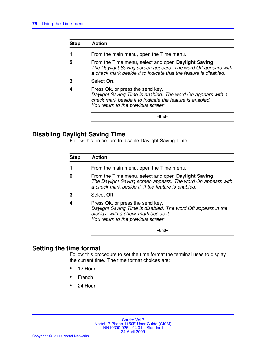 Nortel Networks NN10300-025 manual Disabling Daylight Saving Time, Setting the time format 