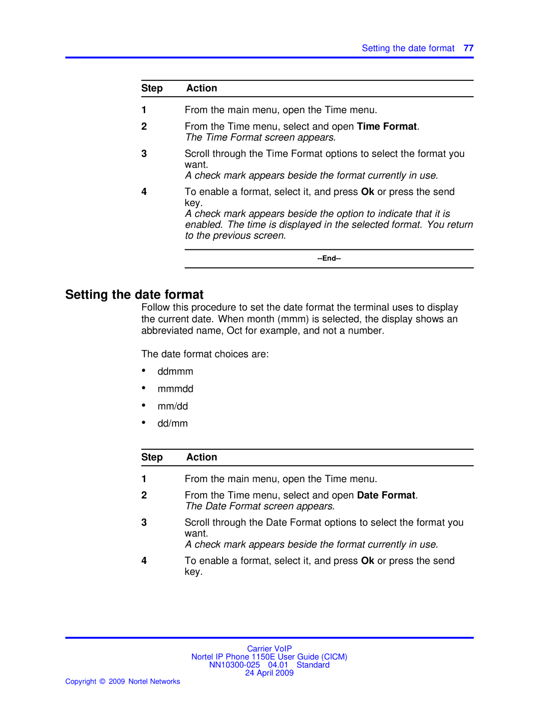 Nortel Networks NN10300-025 manual Setting the date format, Check mark appears beside the format currently in use 