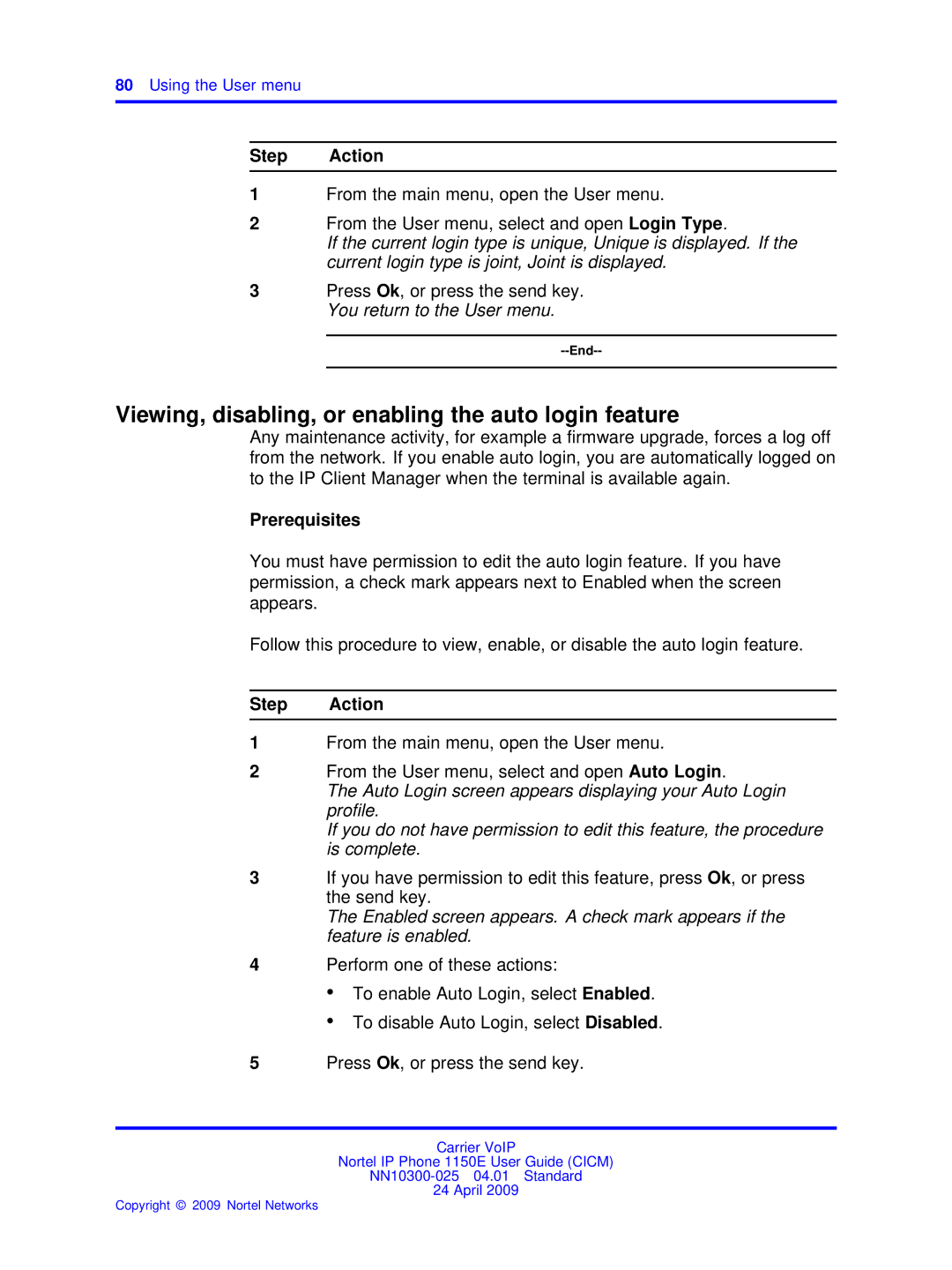 Nortel Networks NN10300-025 manual Viewing, disabling, or enabling the auto login feature, Using the User menu 