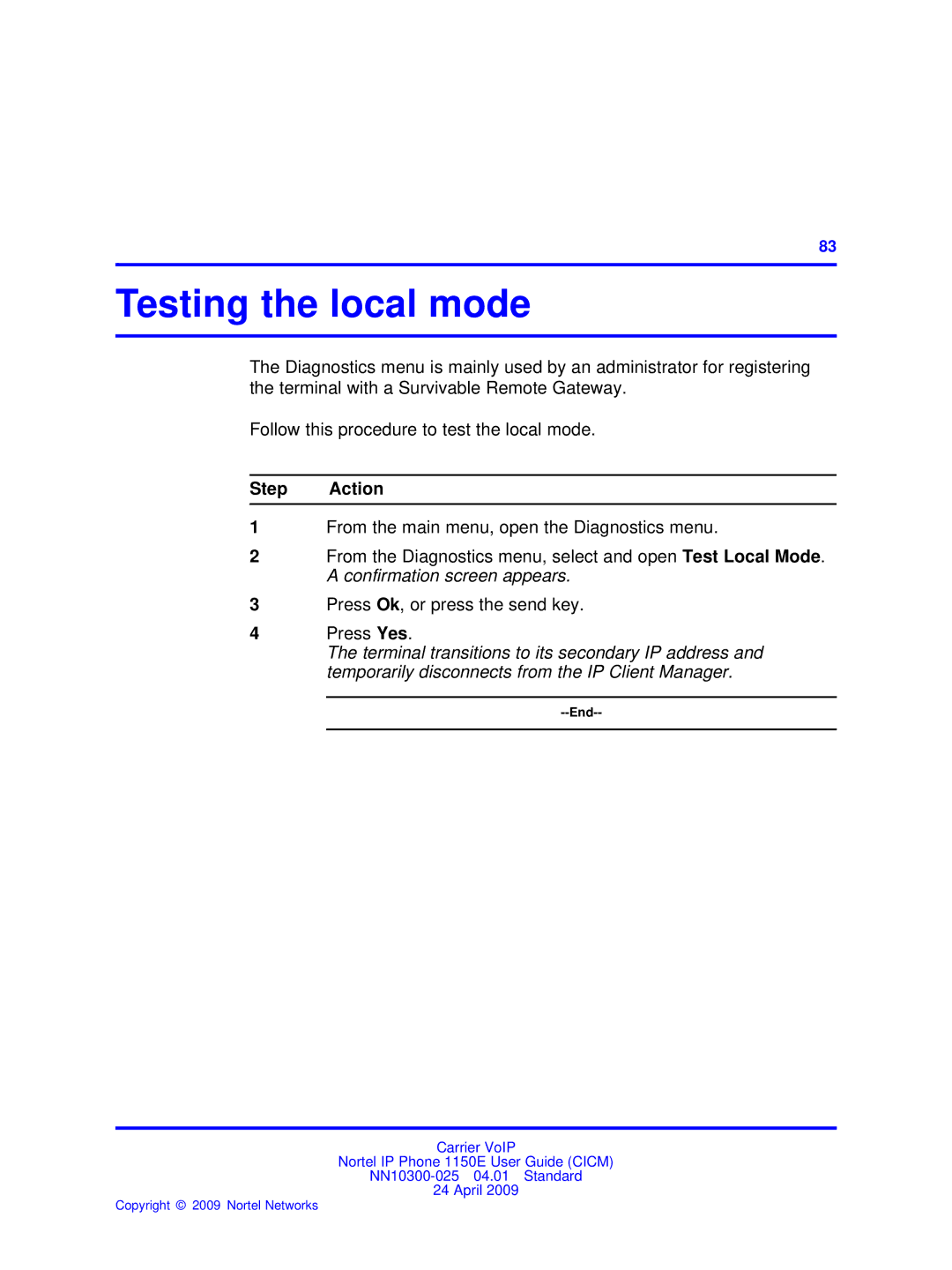 Nortel Networks NN10300-025 manual Testing the local mode 