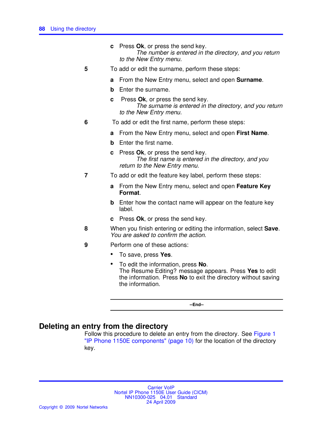 Nortel Networks NN10300-025 manual Deleting an entry from the directory, Using the directory 