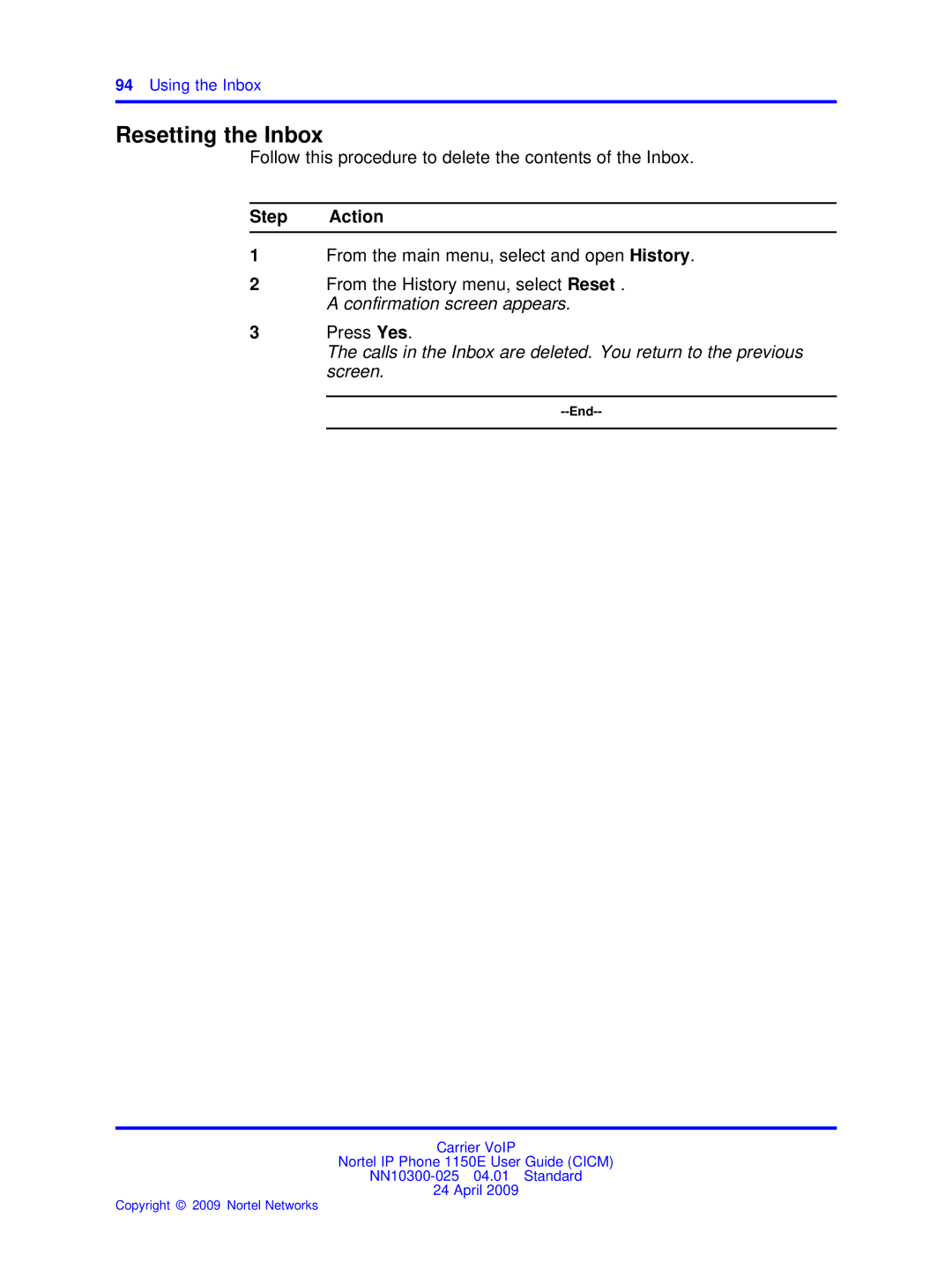 Nortel Networks NN10300-025 manual Resetting the Inbox, Follow this procedure to delete the contents of the Inbox 