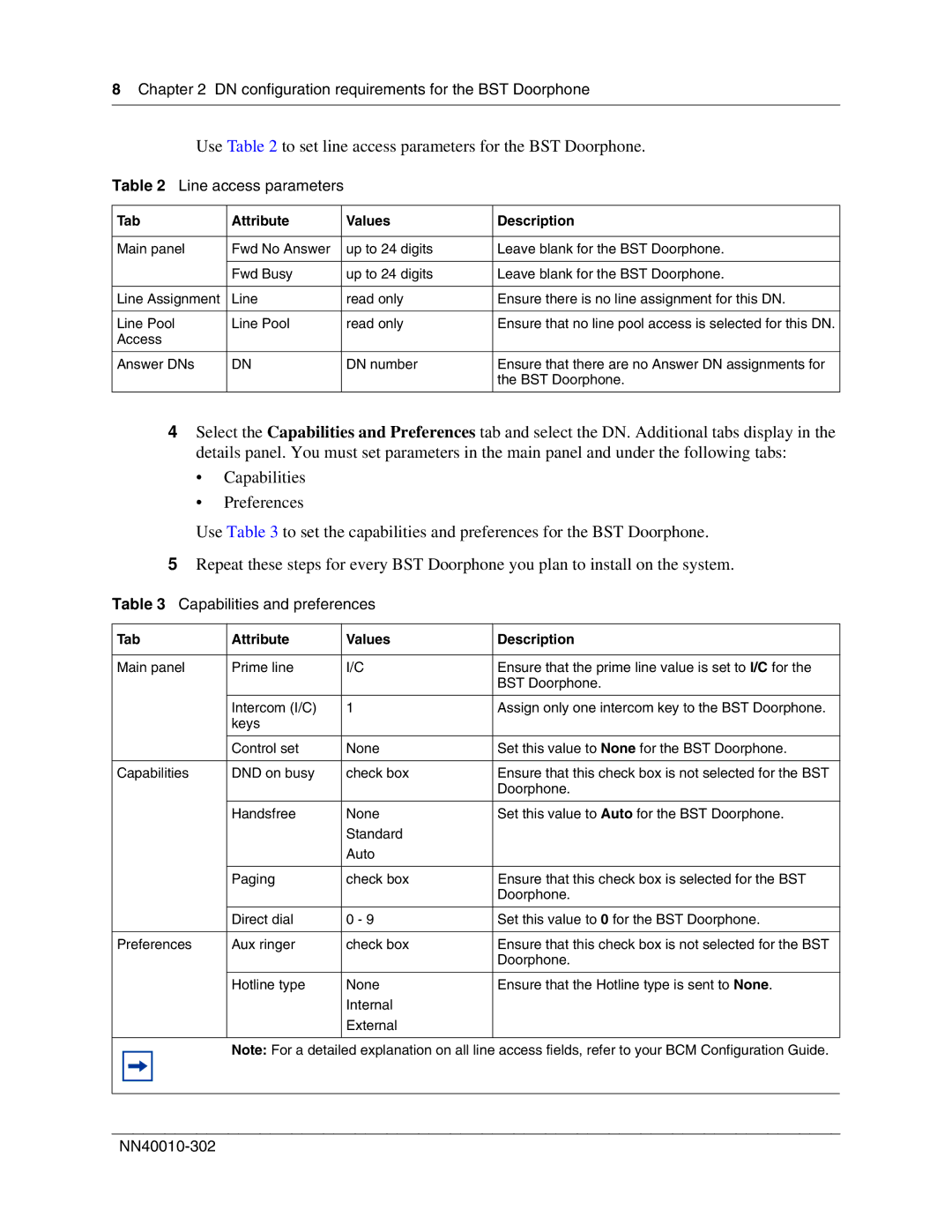 Nortel Networks NN40010-302 manual Use to set line access parameters for the BST Doorphone 