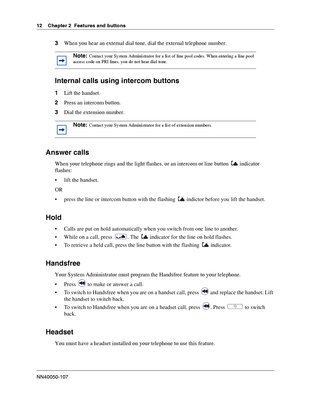 Nortel Networks NN40050-107 manual Internal calls using intercom buttons, Answer calls, Hold, Handsfree, Headset 