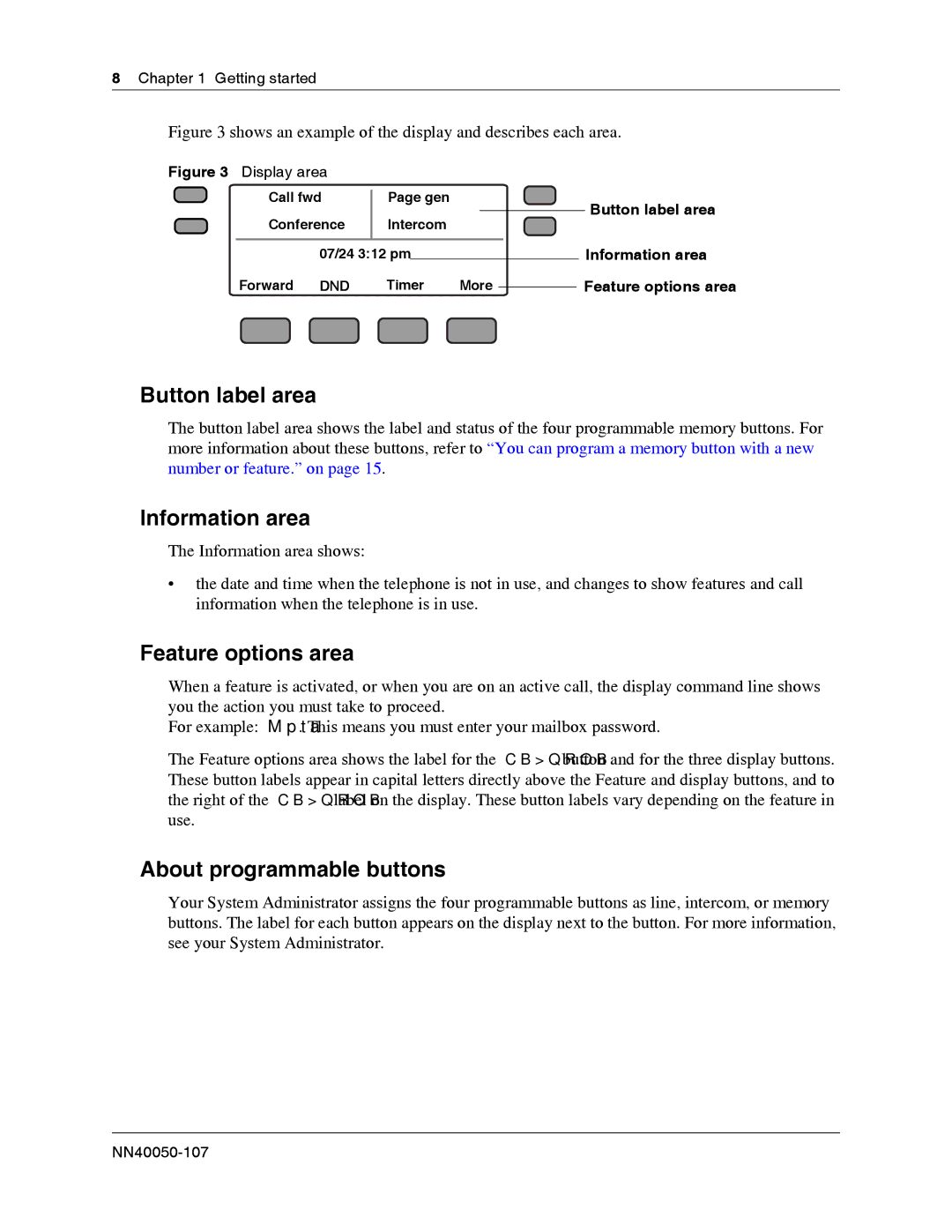 Nortel Networks NN40050-107 manual Button label area, Information area, Feature options area, About programmable buttons 