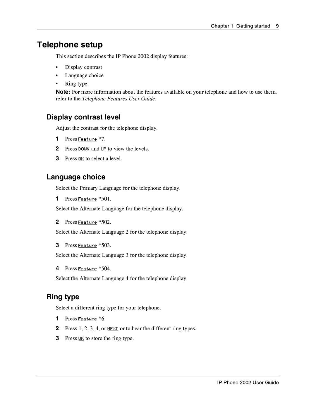 Nortel Networks NN40050-107 manual Telephone setup, Display contrast level, Language choice, Ring type 