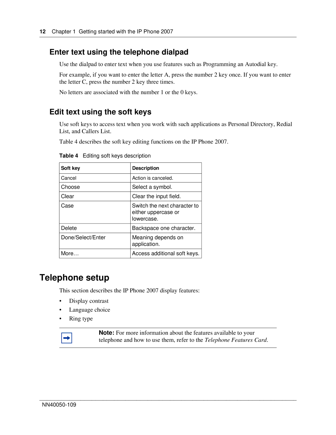 Nortel Networks NN40050-109 manual Telephone setup, Enter text using the telephone dialpad, Edit text using the soft keys 