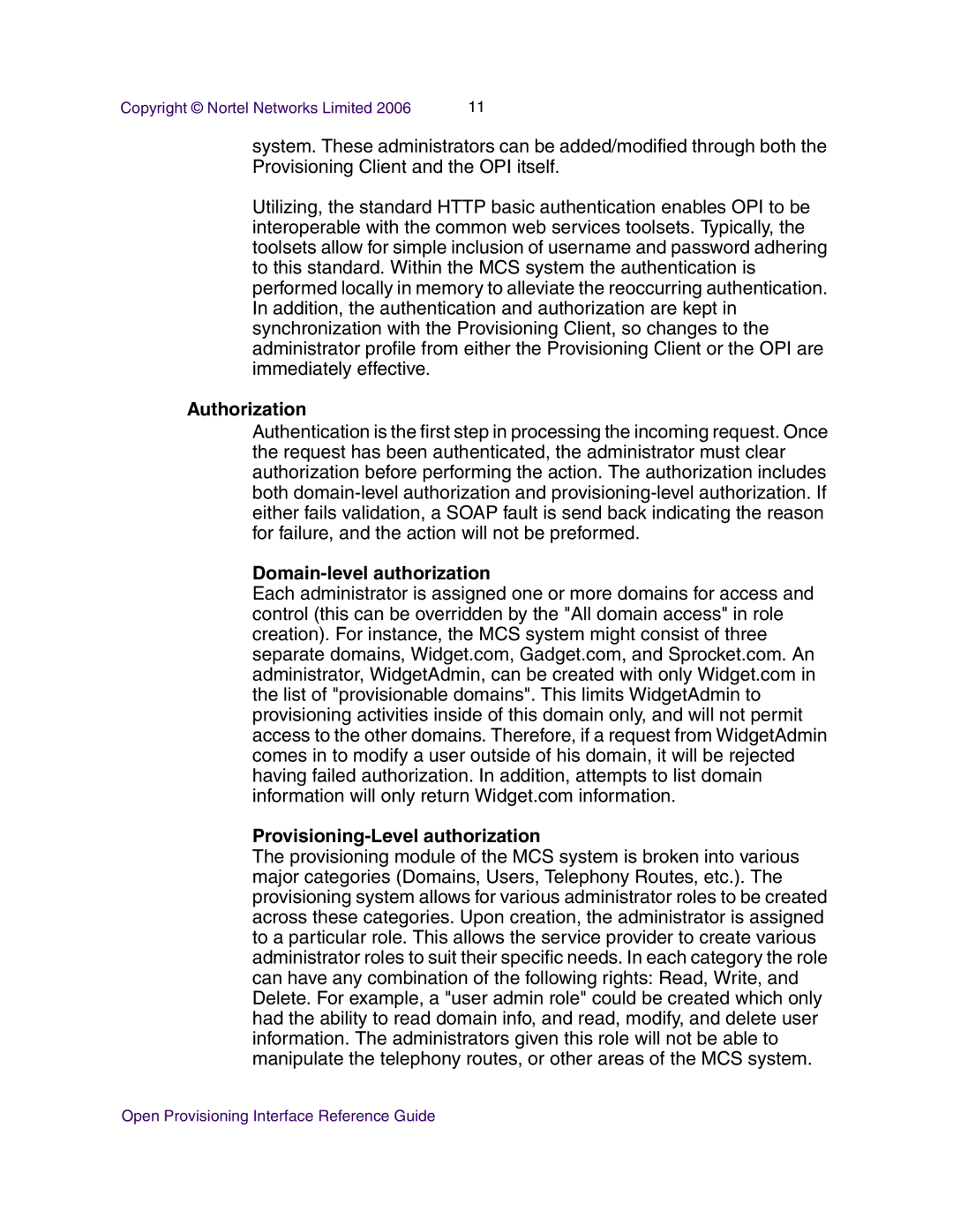 Nortel Networks NN42020-123 manual Authorization, Domain-level authorization Provisioning-Level authorization 