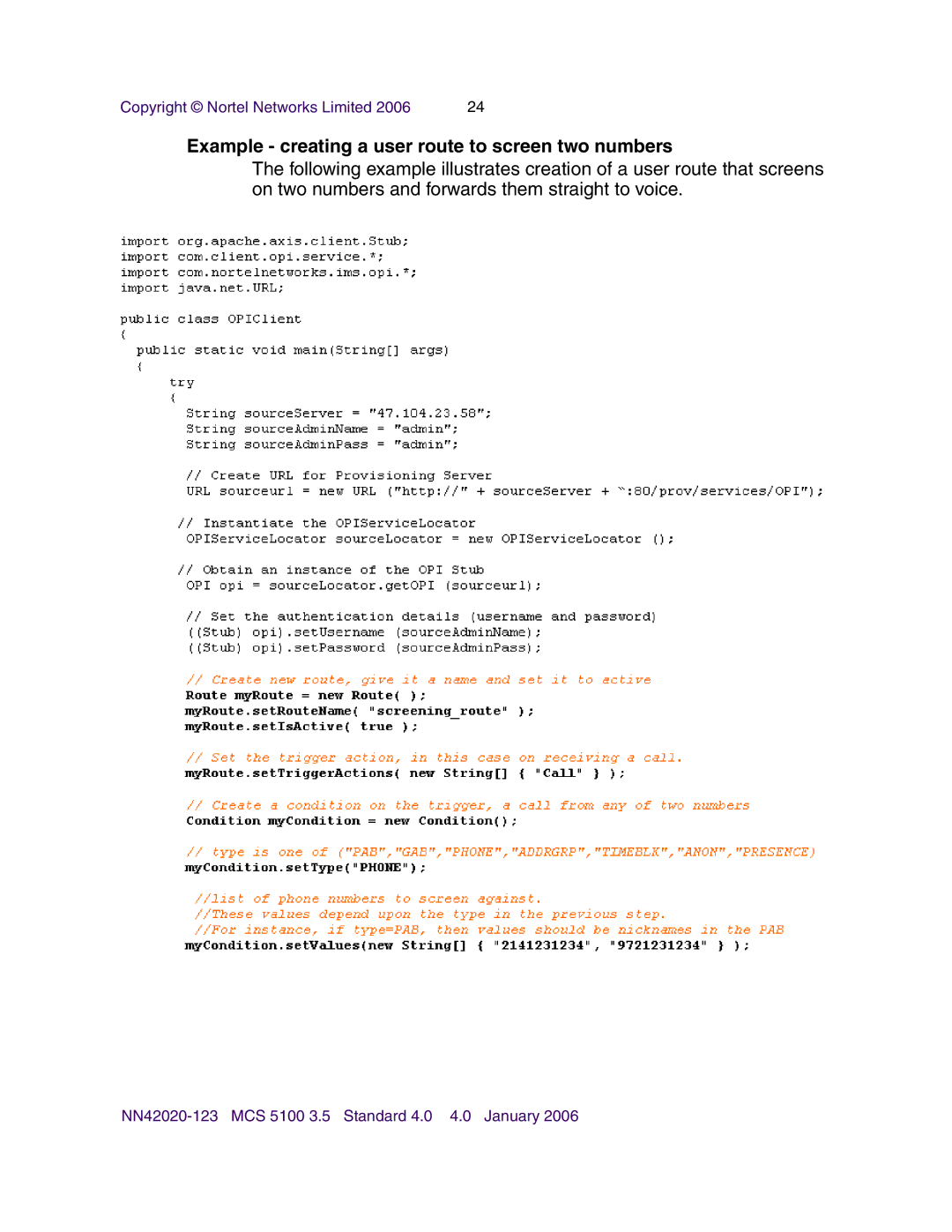 Nortel Networks NN42020-123 manual Example creating a user route to screen two numbers 