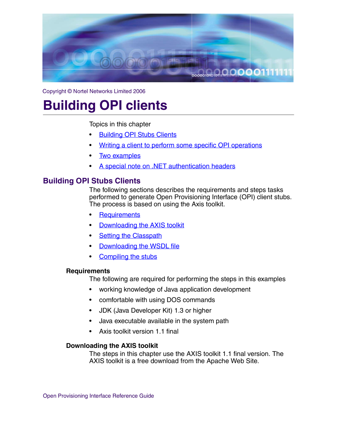 Nortel Networks NN42020-123 Building OPI clients, Building OPI Stubs Clients, Requirements, Downloading the AXIS toolkit 
