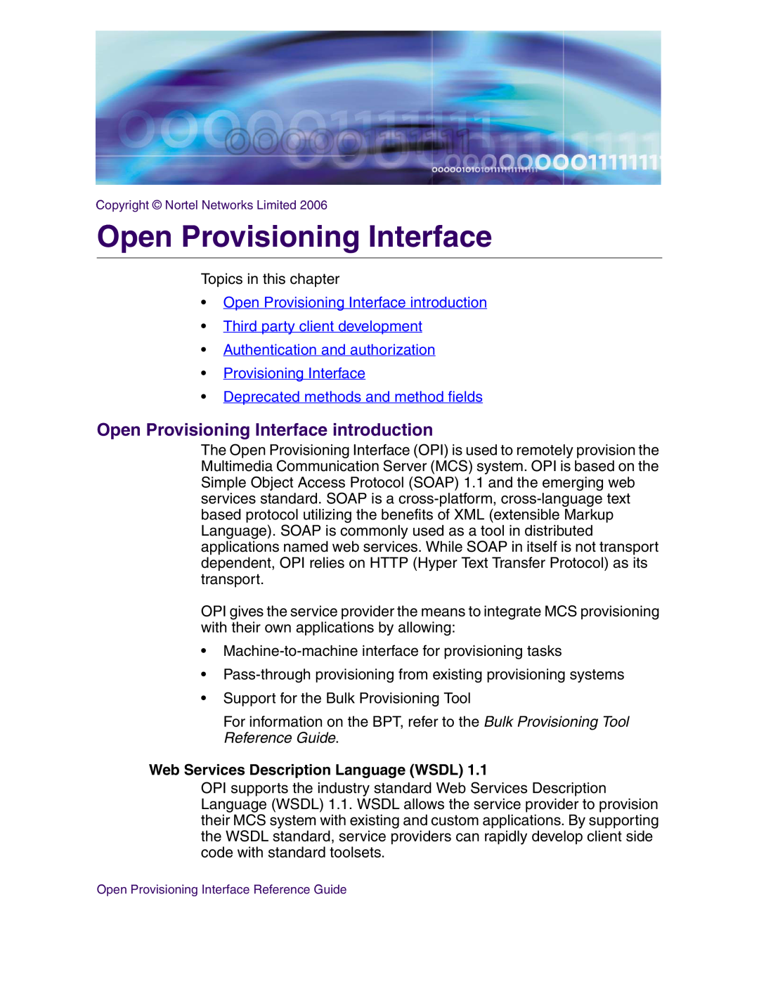 Nortel Networks NN42020-123 manual Open Provisioning Interface introduction, Web Services Description Language WSDL 