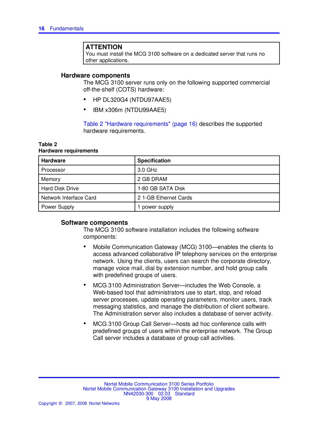 Nortel Networks NN42030-300 manual Hardware components, Software components, Hardware requirements Specification 