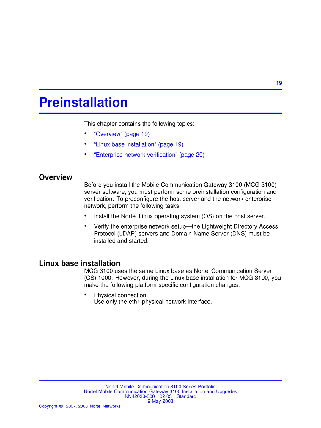 Nortel Networks NN42030-300 manual Preinstallation, Linux base installation 