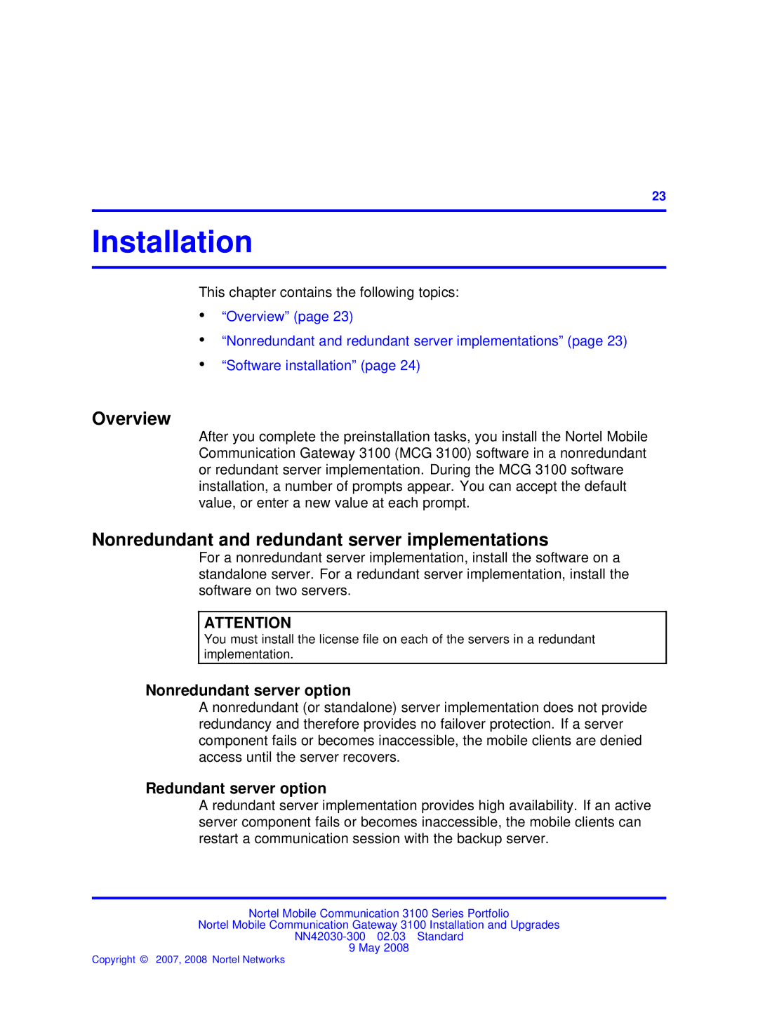 Nortel Networks NN42030-300 Installation, Nonredundant and redundant server implementations, Nonredundant server option 