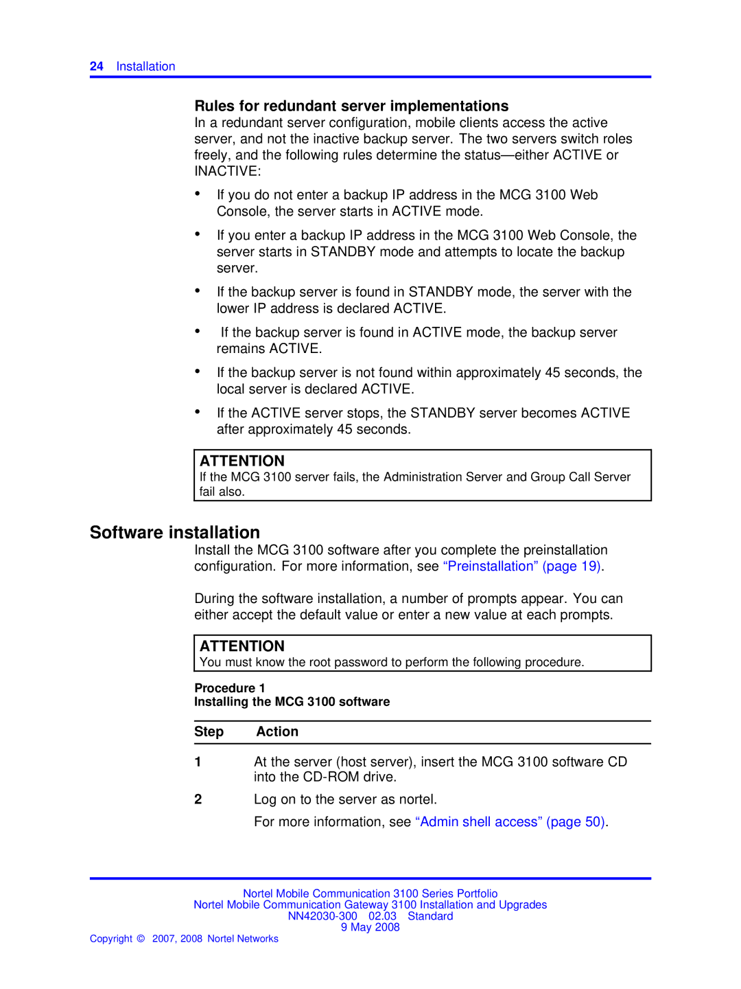 Nortel Networks NN42030-300 manual Software installation, Rules for redundant server implementations 