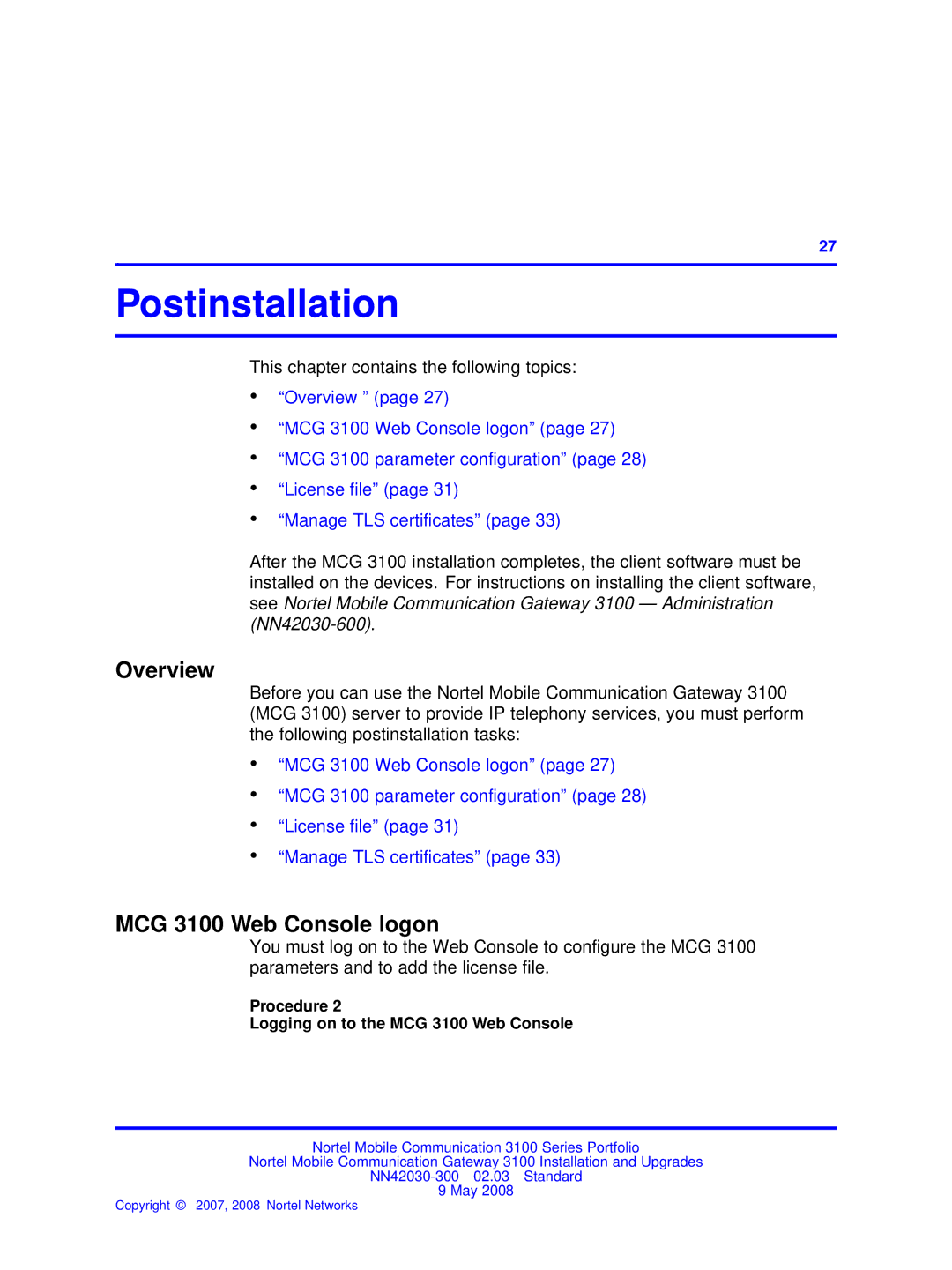 Nortel Networks NN42030-300 Postinstallation, MCG 3100 Web Console logon, Procedure Logging on to the MCG 3100 Web Console 