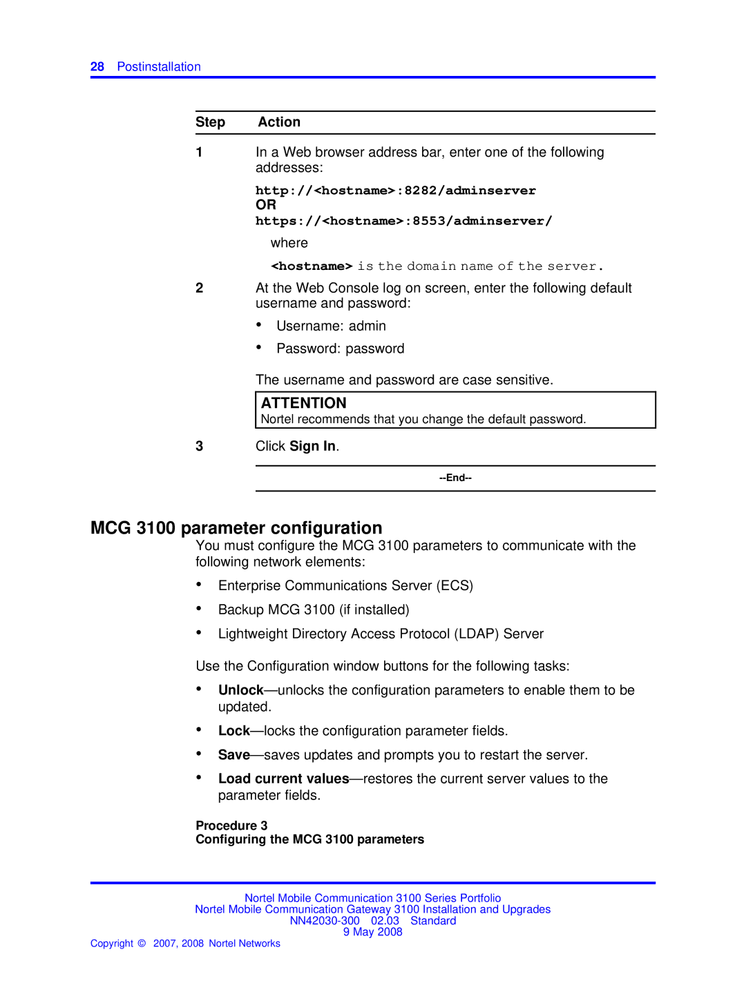 Nortel Networks NN42030-300 manual MCG 3100 parameter conﬁguration, Procedure Conﬁguring the MCG 3100 parameters 