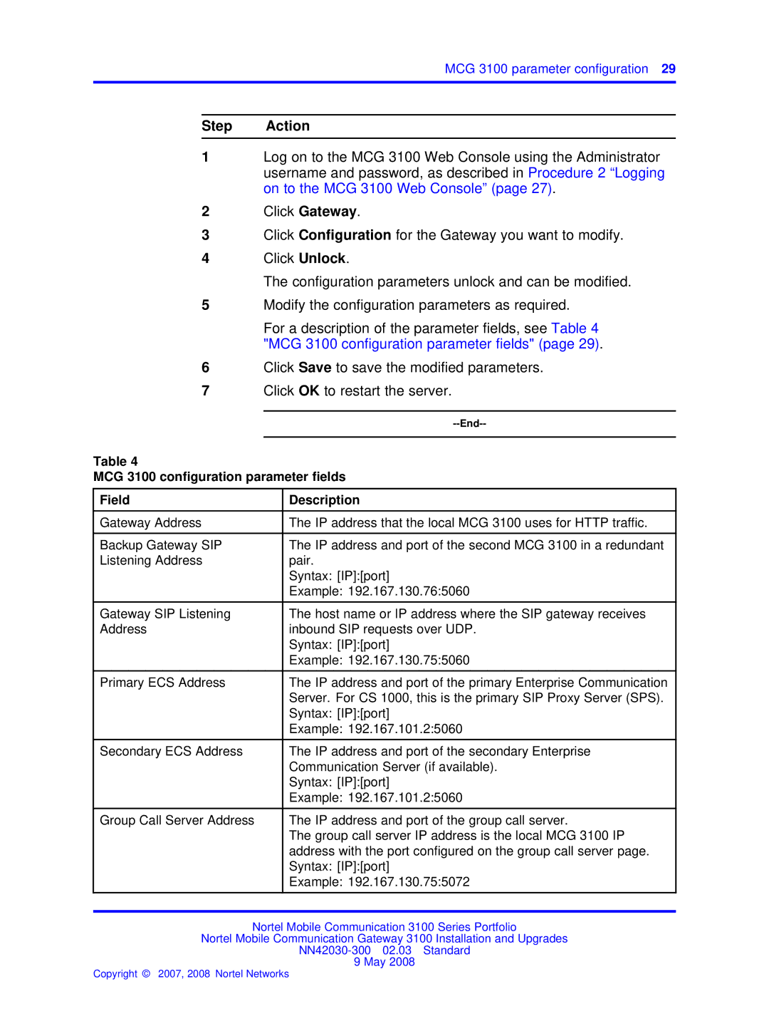 Nortel Networks NN42030-300 manual MCG 3100 configuration parameter fields Field Description 