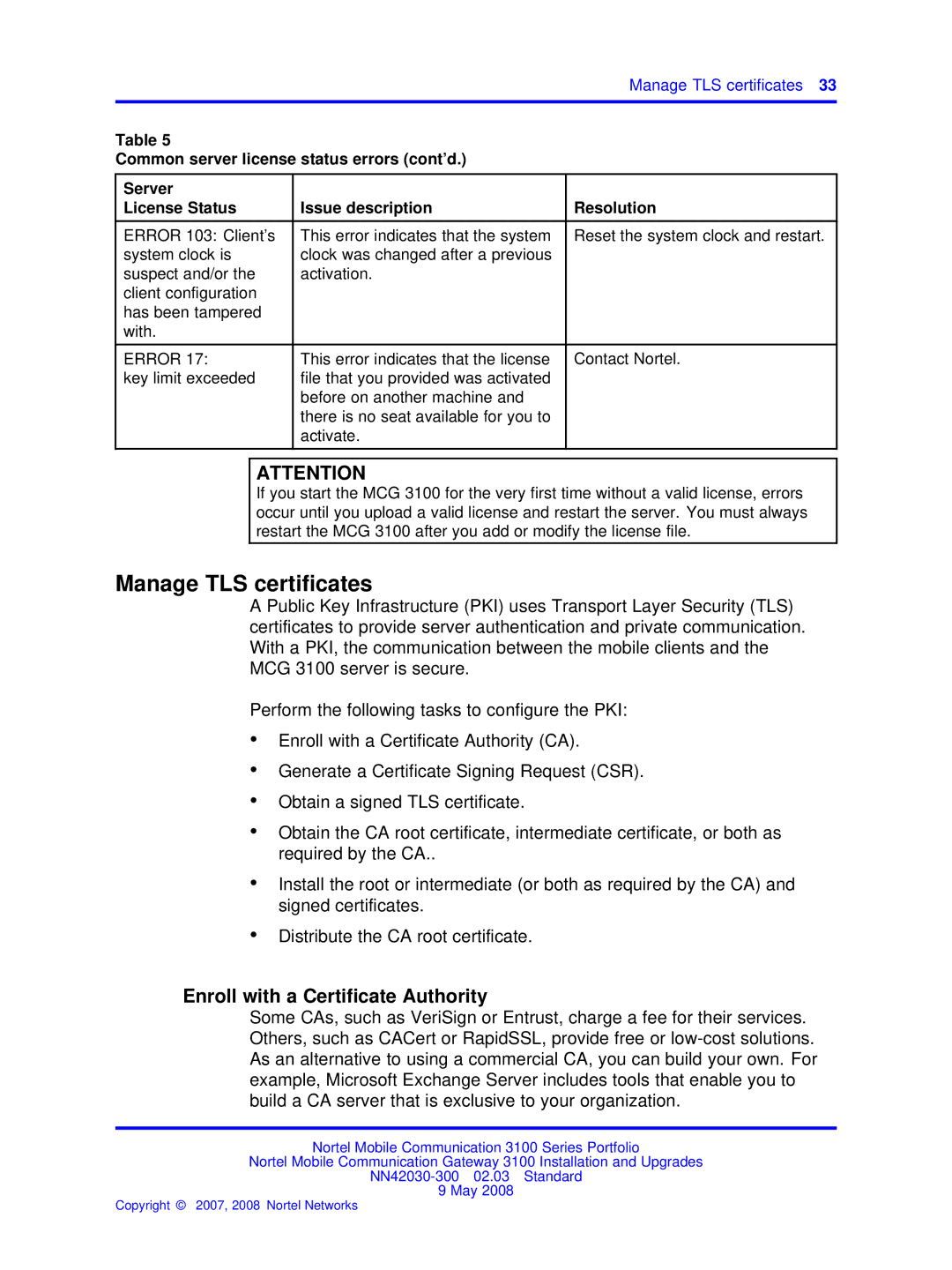 Nortel Networks NN42030-300 manual Manage TLS certiﬁcates, Enroll with a Certificate Authority 