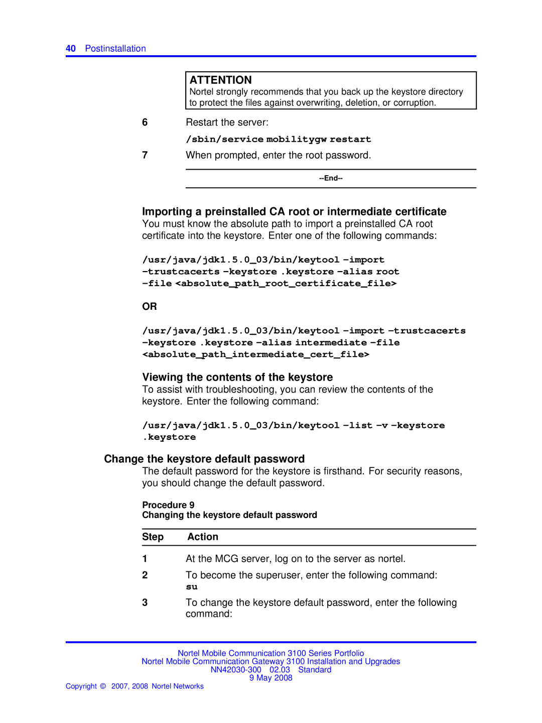 Nortel Networks NN42030-300 manual Viewing the contents of the keystore, Change the keystore default password 