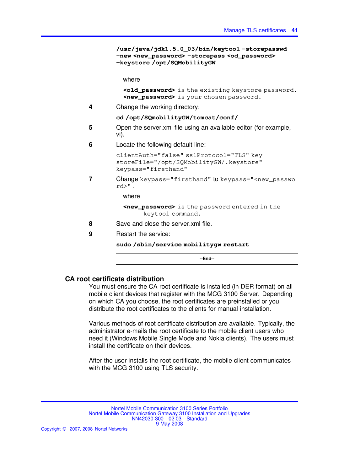 Nortel Networks NN42030-300 manual CA root certificate distribution, Cd /opt/SQmobilityGW/tomcat/conf 