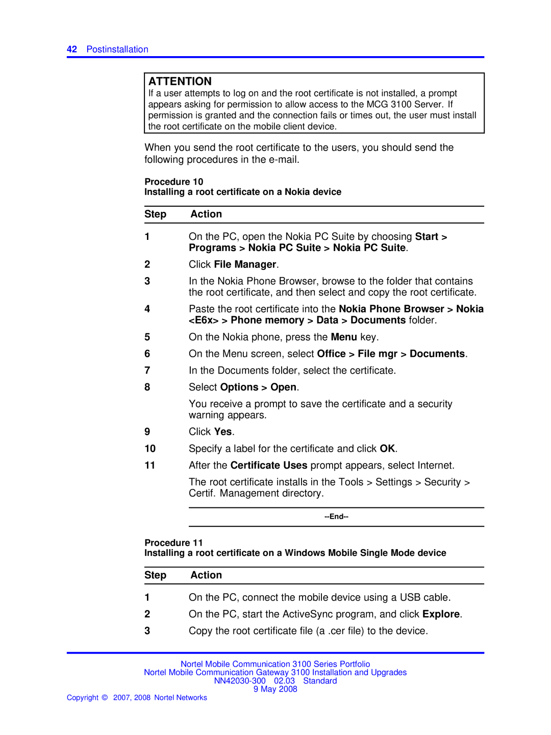 Nortel Networks NN42030-300 manual Click File Manager, Procedure Installing a root certificate on a Nokia device 