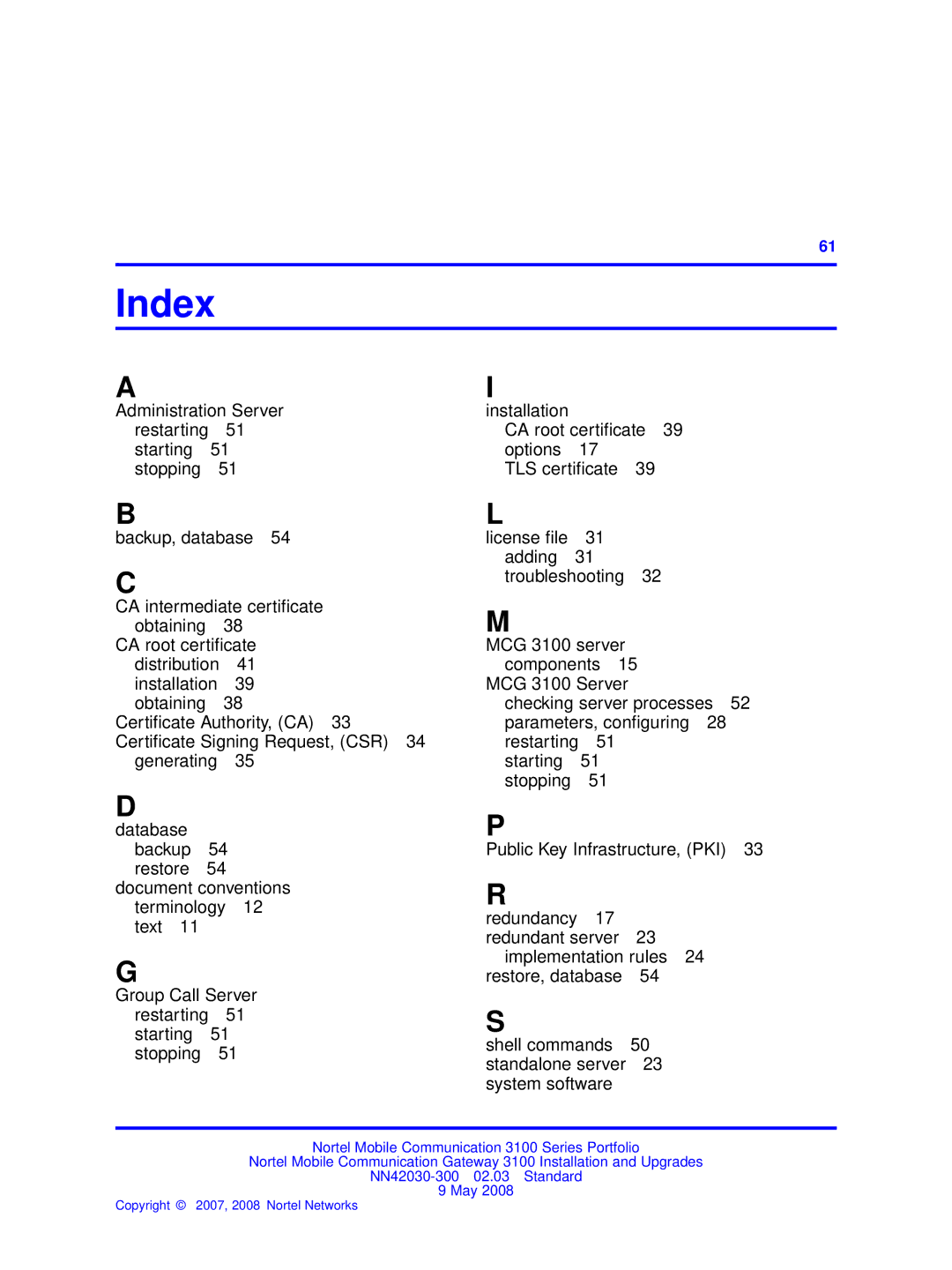 Nortel Networks NN42030-300 manual Index 