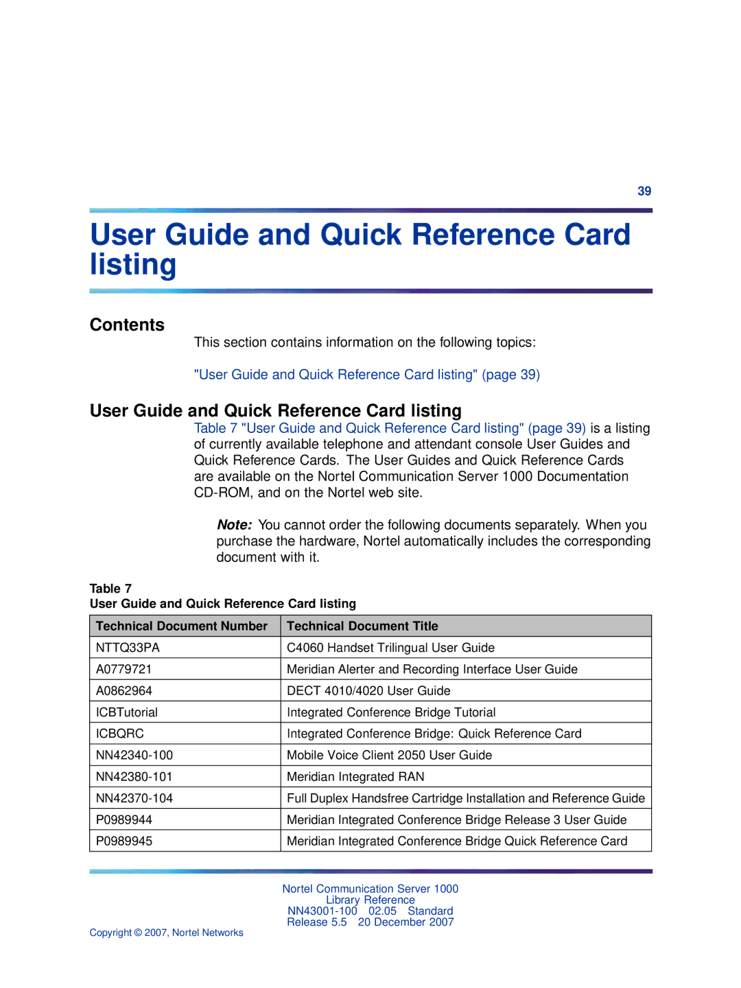 Nortel Networks NN43001-100 manual User Guide and Quick Reference Card listing 