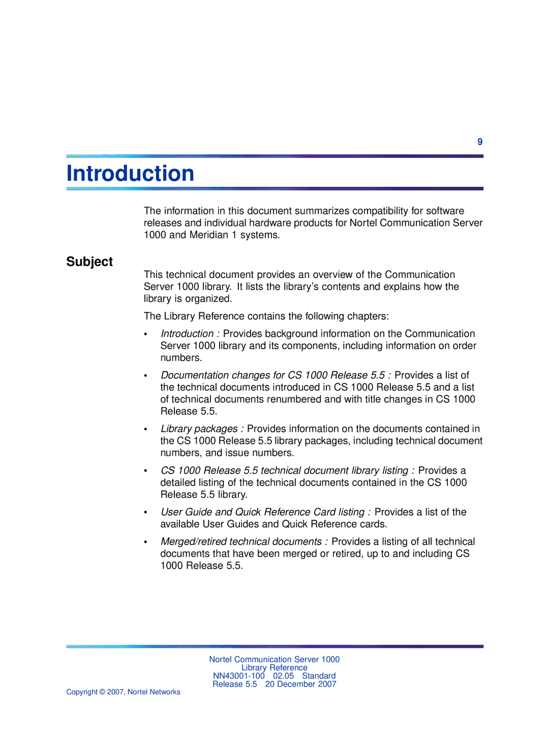 Nortel Networks NN43001-100 manual Introduction, Subject 