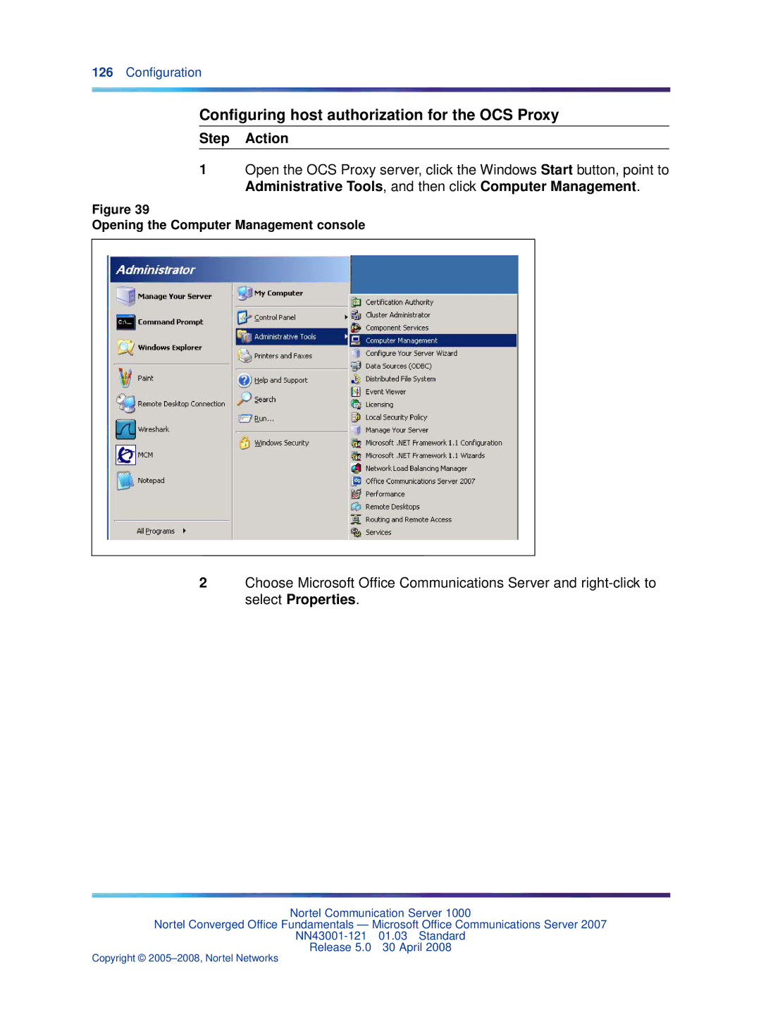 Nortel Networks NN43001-121 manual Conﬁguring host authorization for the OCS Proxy, Opening the Computer Management console 