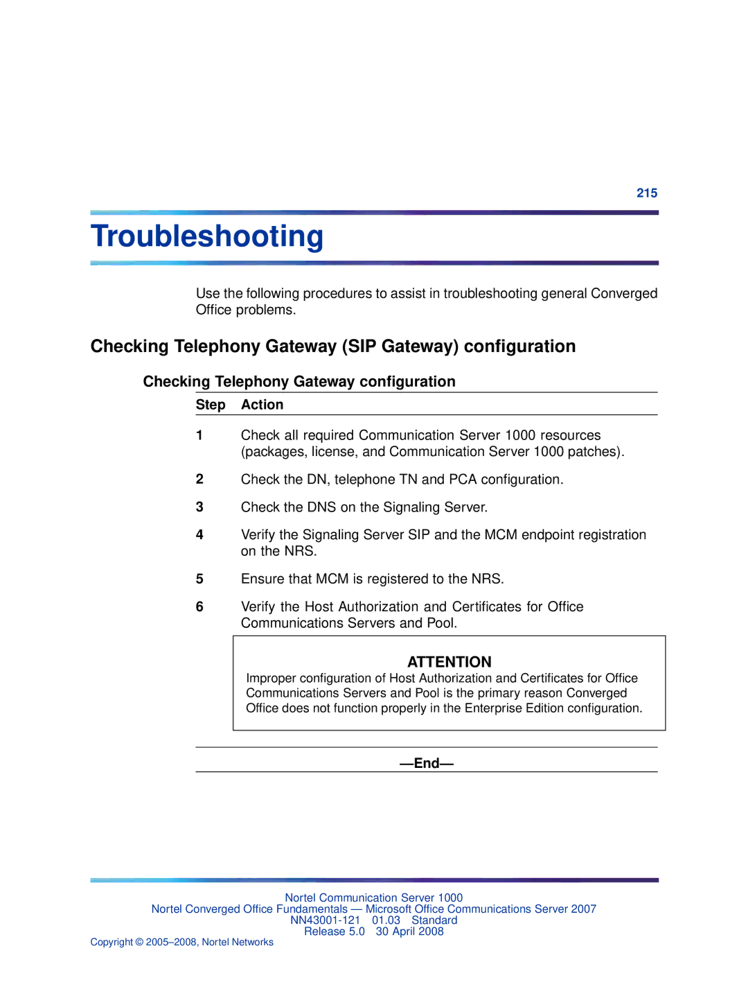 Nortel Networks NN43001-121 Checking Telephony Gateway SIP Gateway conﬁguration, Checking Telephony Gateway conﬁguration 