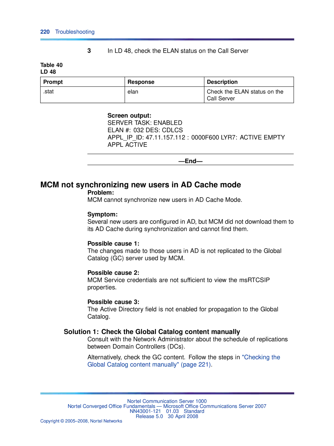 Nortel Networks NN43001-121 manual MCM not synchronizing new users in AD Cache mode 