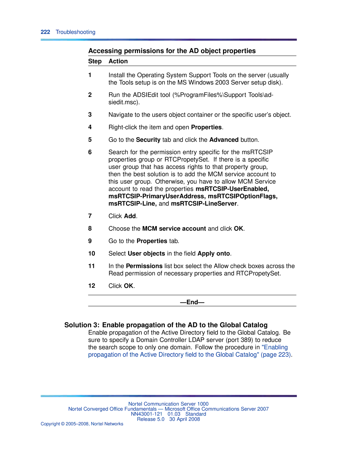 Nortel Networks NN43001-121 Accessing permissions for the AD object properties, Select User objects in the ﬁeld Apply onto 