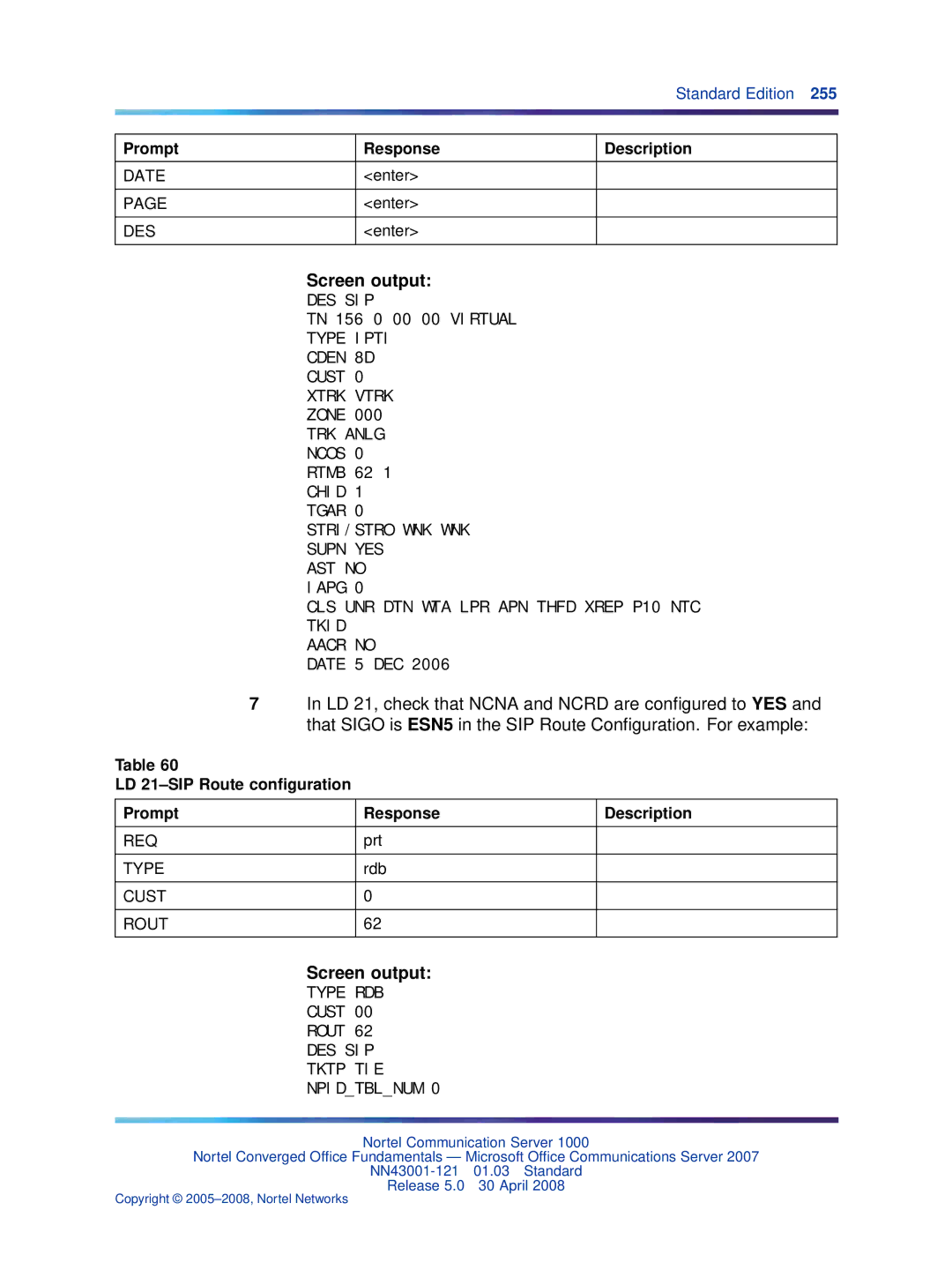 Nortel Networks NN43001-121 manual LD 21-SIP Route conﬁguration Prompt Response Description 