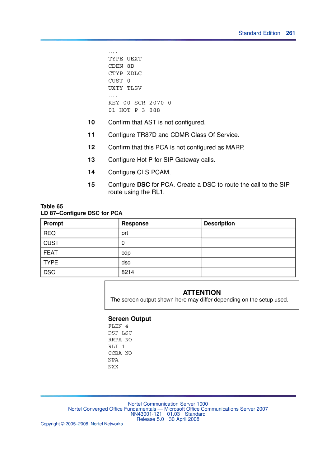 Nortel Networks NN43001-121 manual LD 87-Conﬁgure DSC for PCA Prompt Response Description 