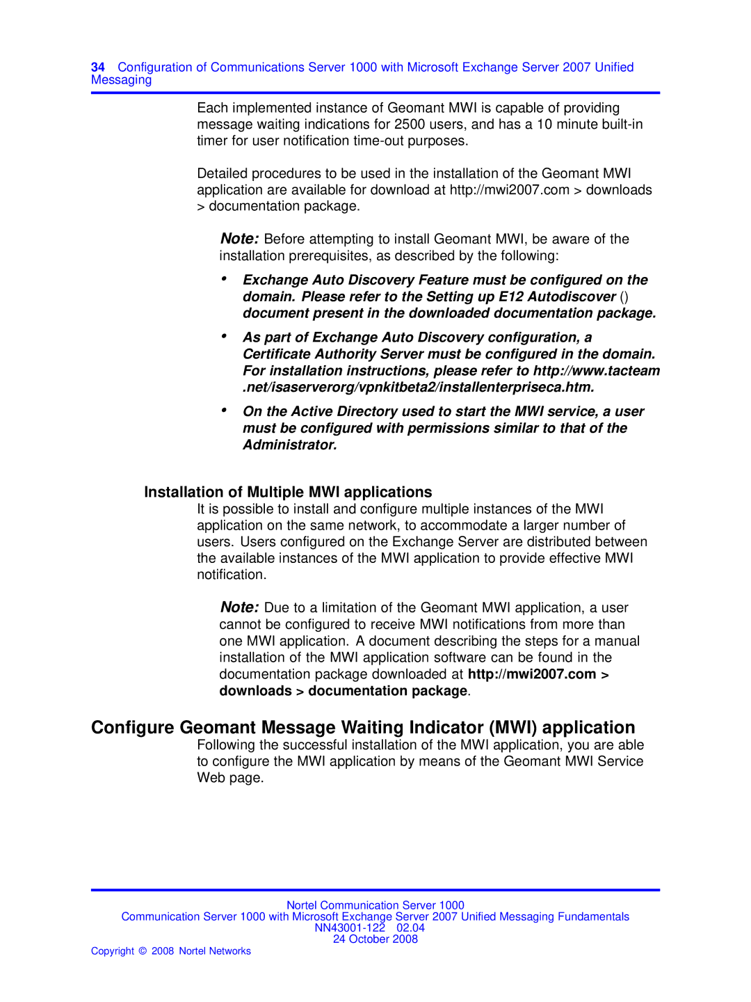 Nortel Networks NN43001-122 manual Conﬁgure Geomant Message Waiting Indicator MWI application 