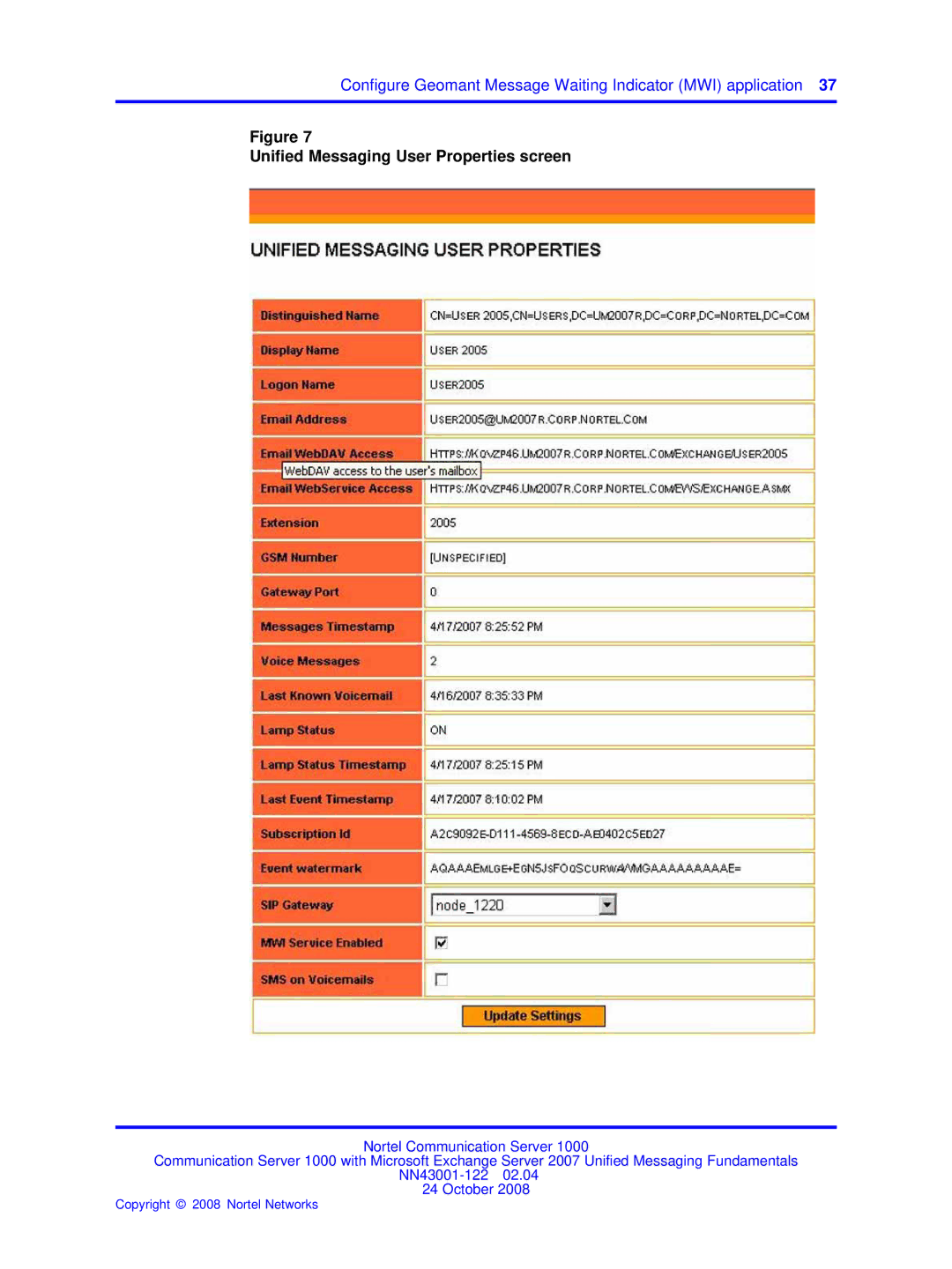 Nortel Networks NN43001-122 manual Unified Messaging User Properties screen 